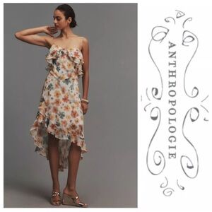 ANTHROPOLOGIE ASYMMETRICAL HEM FLORAL WATER COLOR SPAGHETTI STRAP DRESS XS